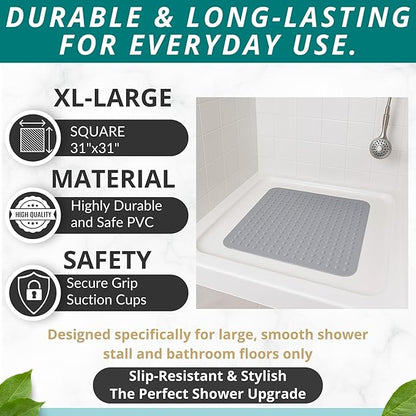 ENKOSI Extra Large Square Non Slip Shower Mat - 31 x 31-inch XL Bathroom Shower Mat - Square Shower Matts for Shower Stall Floors - Secure Suction Cups and Drain Holes (31x31 Grey)