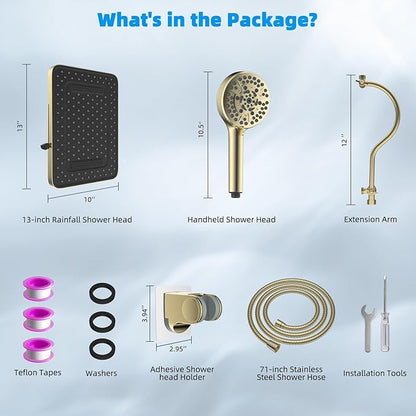 Hibbent High Pressure 13'' Dual Shower Head Combo with 10-mode Handheld Spray, Upgraded Rainfall 5-spray Shower Head, 12'' Adjustable Extension Arm, 71'' Hose, Showerhead Holder, Brushed Gold