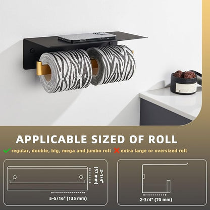 Angle Simple Double Toilet Paper Holder with Shelf, 304 Stainless Steel Bathroom Toilet Tissue Roll Holder for Wall Black and Gold