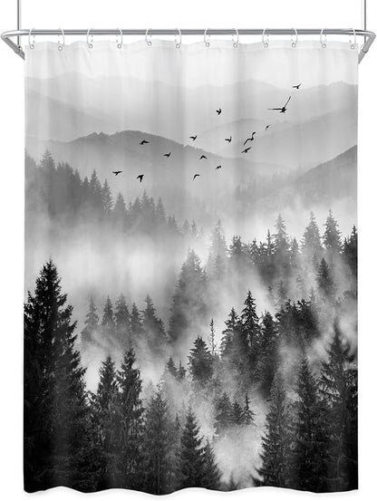 Riyidecor Black and White Shower Curtain 48Wx72H Inch,Stall Narrow Rv Small Nature Woods,Landscape Scenery Pine Tree Woodland Rustic Cool Mens Bathroom Decor Fabric Polyester Waterproof 12 Pack Hooks