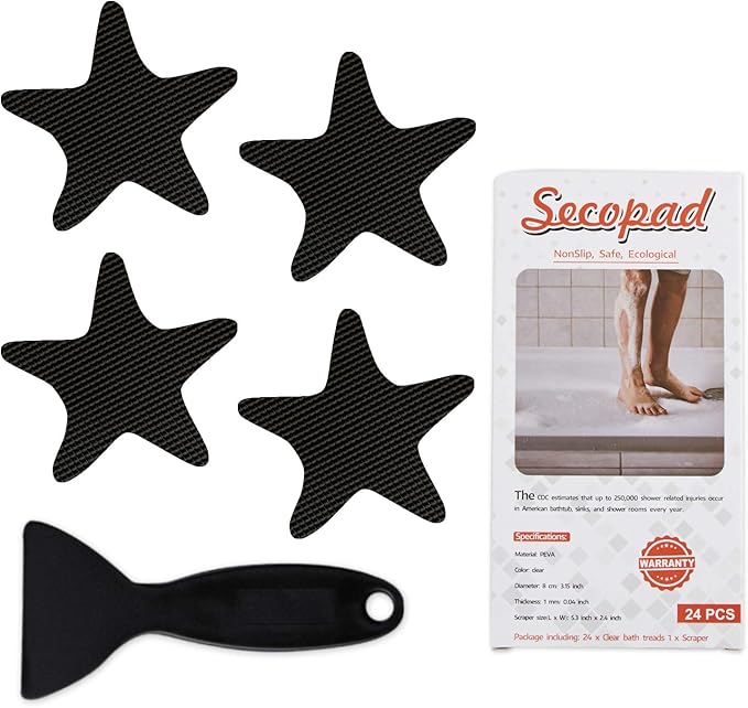 Anti Slip Shower Stickers, 24 PCS Safety Bathtub Sticker Adhesive Decals with Premium Scraper (Black)