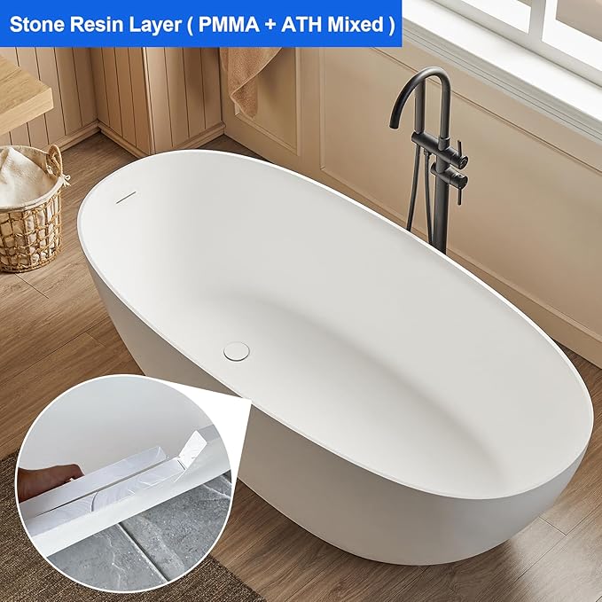 Cpingao 55" Stone Resin Freestanding Bathtub, Oval Contemporary Soaking Tubs, Solid Surface Stand Alone Tub with Drain & Integrated Slotted Overflow Matte White 8845-1400