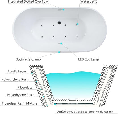 FerdY Shangri-La 67 Inch Freestanding Whirlpool Bathtub, Oval with 8 Water SPA Jets Morden White Stand Alone Jetted Tub, Luxury Acrylic Free Stand Deep Soaking Bath Tub