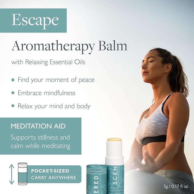 Scentered Aromatherapy Balm Stick - Escape - Natural Calm Essential Oil Roll On - Meditation Aid for Relaxation & Self-Care - Frankincense, Oud, Sandalwood - Self-Care Stocking Stuffers for Women