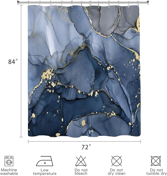 Extra Long Shower Curtain 72 x 84 Inch, Navy Blue Tall Abstract Marble Shower Curtains for Bathroom, Modern Luxury Art Decor Ink Texture Fabric Shower Curtain Set with Hooks