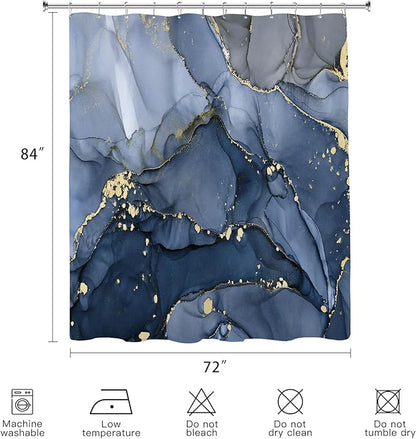 Extra Long Shower Curtain 72 x 84 Inch, Navy Blue Tall Abstract Marble Shower Curtains for Bathroom, Modern Luxury Art Decor Ink Texture Fabric Shower Curtain Set with Hooks