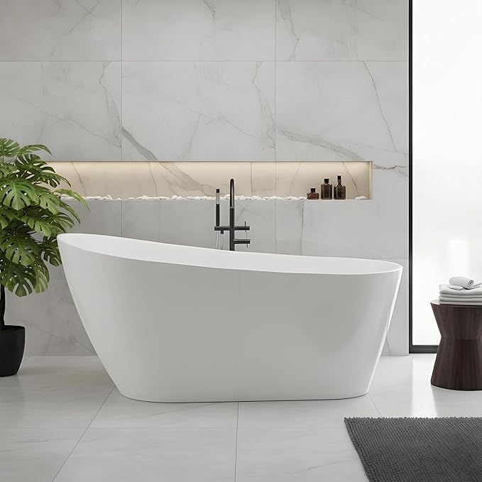 Freestanding Bathtub – 67 Inch Modern Acrylic Extra Large Soaking Bathtub, Free Standing Tub with Chrome Drain & Overflow, Black & White Freestanding Tub for Bathroom Remodel or Home Spa Use
