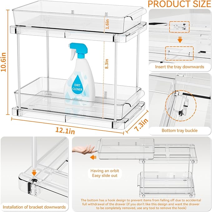 Yieach 2 Pack Pull Out Under the Sink Organizer,2 Tier 10.6″ High Medicine Cabinet Organizer for Vitamin,Pill Bottle,Supplement,Slide out Undersink Organizers and Bathroom Vanity Storage for Cupboard