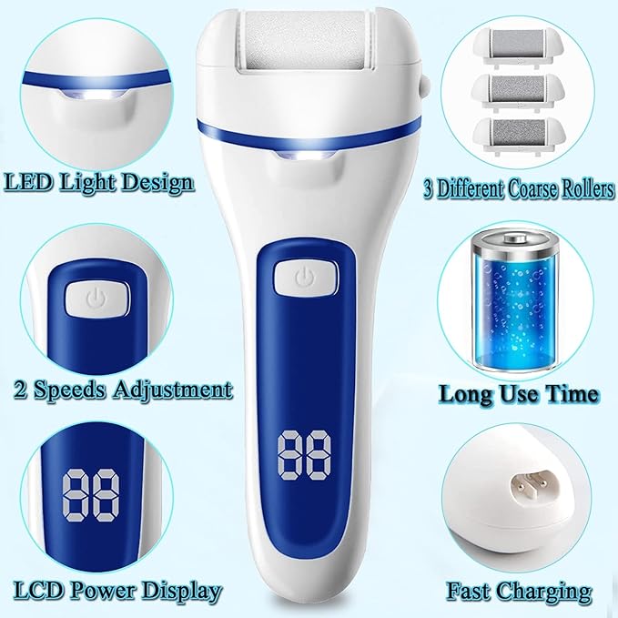 Callus Remover for Feet Electric Foot File, 13-in-1 Professional Pedicure Tools Foot Care Kit, Foot Scrubber Pedi for Hard Cracked Dry Dead Skin, 3 Rollers, 2 Speed, Battery Display (White&Blue)