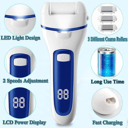 Callus Remover for Feet Electric Foot File, 13-in-1 Professional Pedicure Tools Foot Care Kit, Foot Scrubber Pedi for Hard Cracked Dry Dead Skin, 3 Rollers, 2 Speed, Battery Display (White&Blue)