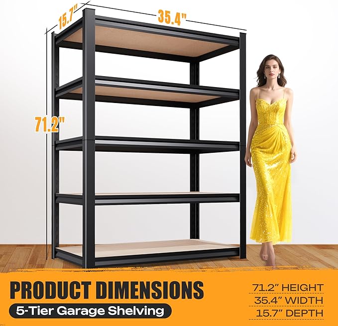 71"H Garage Shelving, 5-Tier Heavy Duty Storage Shelves, Adjustable Metal Shelving Unit, Utility Garage Organizer Shelf for Basement, Pantry, Warehouse, supermarket,15.7"Dx35.4"Wx71.2"H Black