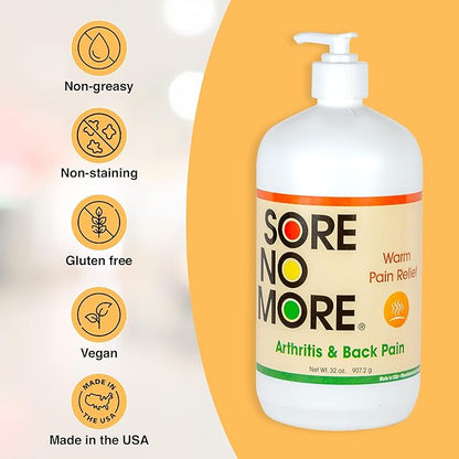 Sore No More Warm Arthritis Pain Relief Cream – Targeted Reliever for Back, Neck, Hands & Feet – Soothing & Fast-Acting Formula for Aches and Pains – Non-Greasy with Orange Aroma – 32 oz