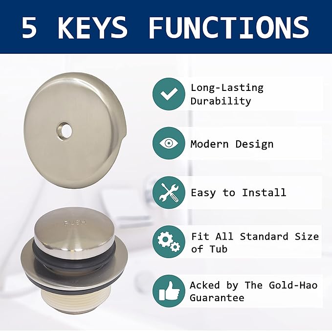 Tip-Toe Bathtub Drain Kit - with 1 Hole Bathtub Overflow Drain Cover & Tip-Toe Tub Trim Set (Brushed Nickel)