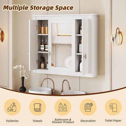 Merax Wall Mounted Bathroom Medicine Cabinet with Mirror, Bathroom Wall Cabinet with Doors and Shelves, 35" x 29" Mirrored Door Over Toilet Storage Cabinet, White