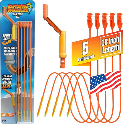 FlexiSnake Drain Weasel Sink Snake Hair Clog Remover Tool, Pipe, Bathroom, Bathtub Cleaner, 18-inch, Made in the USA, 5 Wands and Removable Handle