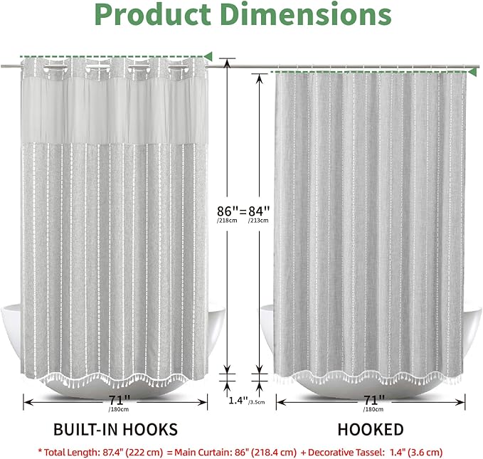 No Hook Extra Long Shower Curtain Set with Snap-in Liner,Linen Textured Thick Striped Fabric with Tassels,Boho Chic Modern Farmhouse Bathroom Curtain,Water-Repellent,Grey/Gray,71x86