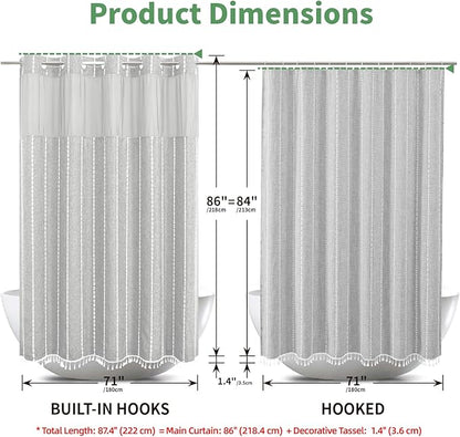 No Hook Extra Long Shower Curtain Set with Snap-in Liner,Linen Textured Thick Striped Fabric with Tassels,Boho Chic Modern Farmhouse Bathroom Curtain,Water-Repellent,Grey/Gray,71x86