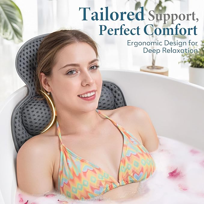 Bath Pillows for Tub, Cozy Bathtub Cushion for Head and Neck with Soft 3D Mesh Fabric and 54 Non-Slip Suction Cups, Relaxing Tub and Shower Accessories Spa Gift Gray Extra Thick