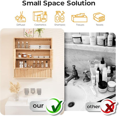 Bathroom Wall Cabinet, Wall Mounted Medicine Cabinet with Drawers, Modern Farmhouse Storage Cabinet with with Adjustable Wood Shelf & Doors for Bathroom, Kitchen, Laundry Room (Natural Oak)