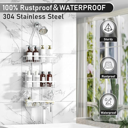 Shower Caddy,Rustproof Shower Shelves Over Shower Head,Extended Length shower rack with Soap HoSlder,White