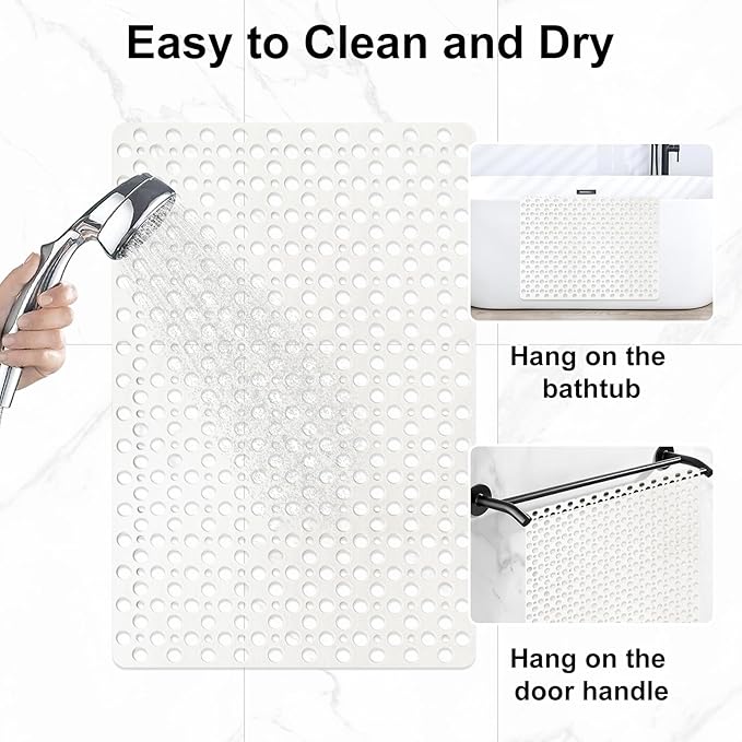 Non Slip Shower Mat with Suction Cups, 23.6x35.4 Inch Quick Drain TPE Anti Slip Shower Mats for Inside Shower, Large Bath Mat for Shower Soft on Feet, Easy to Dry&Cut Machine Washable