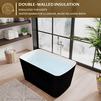 49" Acrylic Freestanding Bathtub - Japanese Square Soaking Tub with Built-in Seat, Toe-Tap Drain & Overflow, Black,Compact Space-Saving Bath for Bathrooms