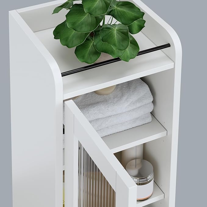 71" H Tall Bathroom Storage Cabinet, Narrow Bathroom Cabinet with Glass Door Slim Cabinet with Adjustable Shelf Skinny Linen Tower Thin Linen Storage for Small Space, Cream White