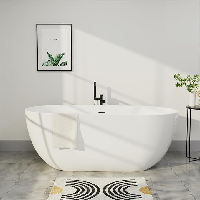 67" Acrylic Freestanding Bathtub, Elegant Oval Free Standing Tub, Soaking Tub with Integrated Slotted Overflow, Toe-Tap Chrome Drain, cUPC Certified, Glossy White