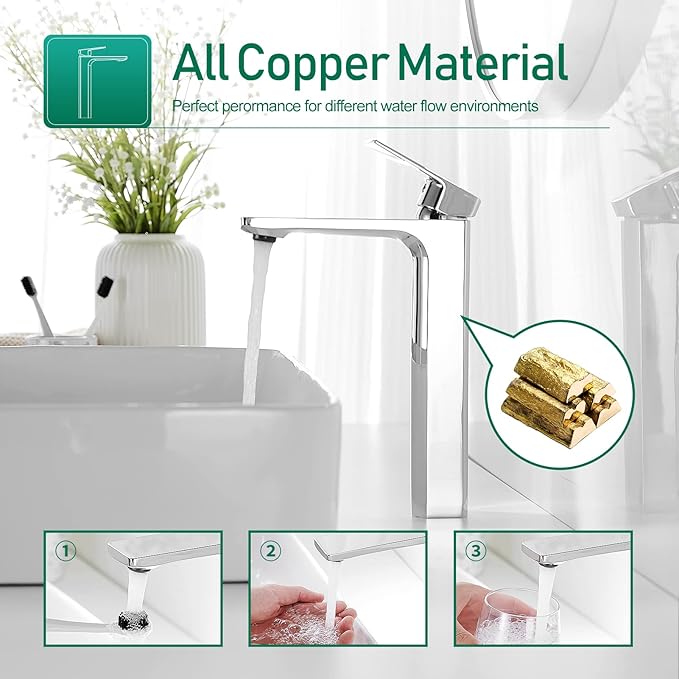 VOTON Vessel Sink Faucet Single Handle Tall Bathroom Sink Faucet Chrome Bathroom Vanity Faucet Basin Mixer Tap with Water Supply Lines and Pop Up Drain,Solid Brass