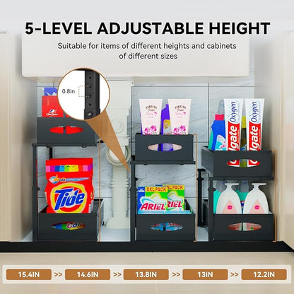 2 Pack Under Sink Organizer,2 Tier Pull Out Sink Shelf,Cabinet Organizer Shelves,Under Sink Shelf,Metal Sliding Drawer Storage for Kitchen Bathroom,Height Adjustable,Black