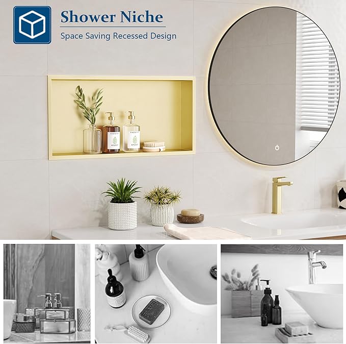 Neodrain No Tile Shower Niche, Golden Stainless Steel Wall Niche 25.1"X13.1"(Inner Size 24"X12"), NO Tile Needed Recessed Cabinet for Bathroom Storage, Waterproof Cubby
