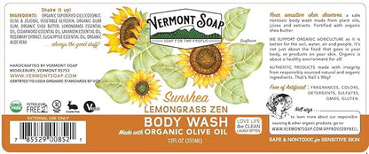 VERMONT SOAP Body Wash, Natural Body Wash with Shea Butter, Mild Gel Body Wash for Moisturizing and Soothing Skin, Fragrance Free Body Wash for Women & Men (Lemongrass Zen, 12oz)