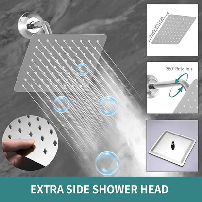 Triple Shower Head Shower System Chrome Full Body Shower System with Digital Display Shower Valve, 12"+8"+8" Three Top Shower Heads,Handheld Shower and Body Jets
