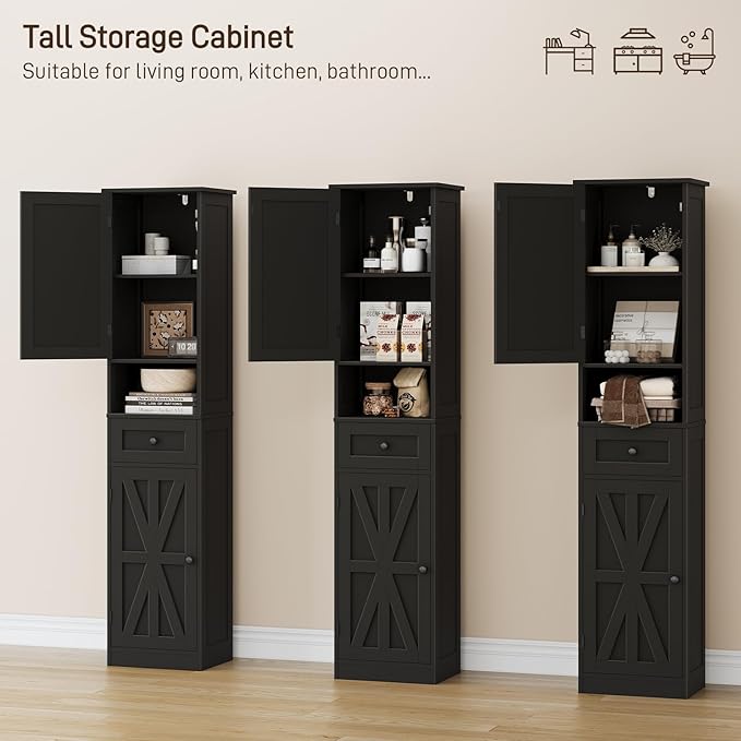 67" H Tall Bathroom Cabinet, Narrow Storage Cabinet with 2 Barn Doors and 1 Drawer, Freestanding Floor Cabinets with 5 Shelves and Open Storage Shelf for Bathroom, Living Room, Kitchen, Black