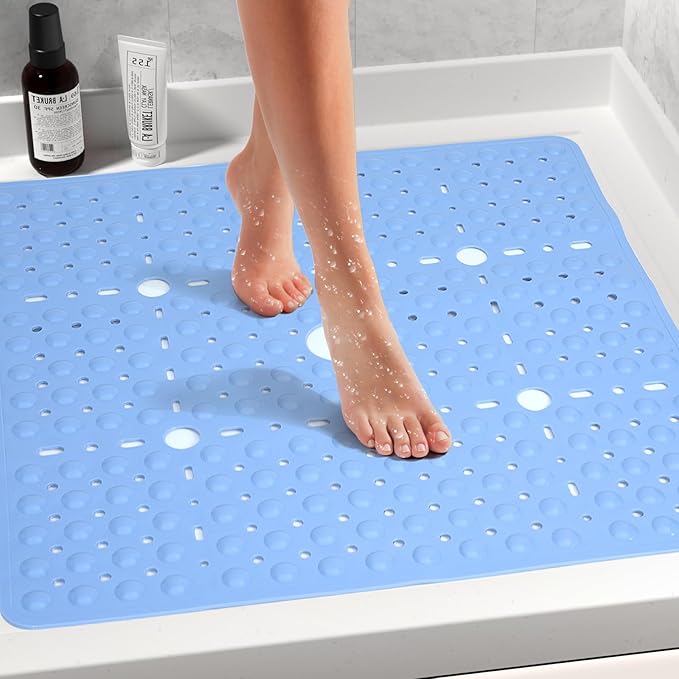 Large Light Blue Square Shower Mat Non Slip 27 x 27 Inch, Soft Bath Mat Tub Mat for Inside Shower Floor, Anti Slip Shower Stall Mats With Big Suction Cups Drain Hole, Easy Washable, BPA-Free