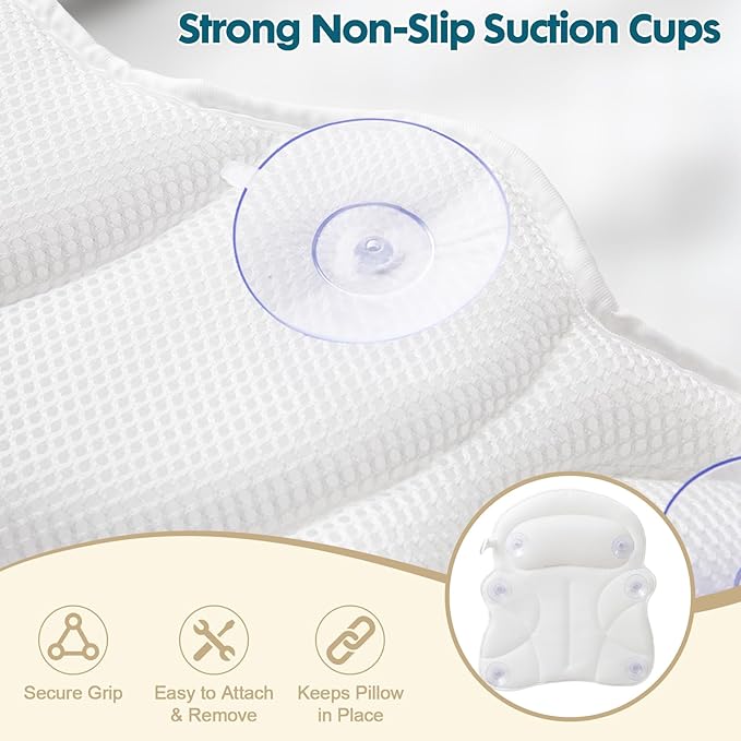Bath Pillows for Tub with Gift Box & Laundry Bag – 4D Air Mesh Bathtub Pillow with Extended Wings, Shoulder Coverage, Spine-Line Support & 6 Non-Slip Suction Cups – Relaxing Gift for Women & Mom