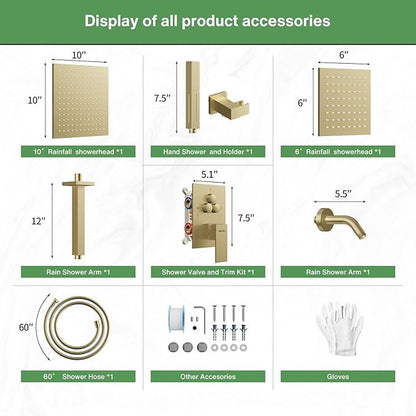 VANFOXLE Shower Faucet Set Brushed Gold Shower System,Push Button Diverter Shower Faucet with 2 in 1 Handheld,Ceiling Mount 10 Inch Shower Head with 6 Inch Wall Mount Shower Head