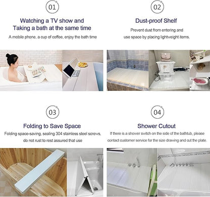 Adjustable Foldable Dust-Proof Bathtub Cover White,Waterproof Shutter Bathtub Tray & Laptop Desk 2 in 1 Fits Most Tubs,Modern Bath Tub Racks for Home (105x140CM(41.3"x55.1"), 0.47in Thick)