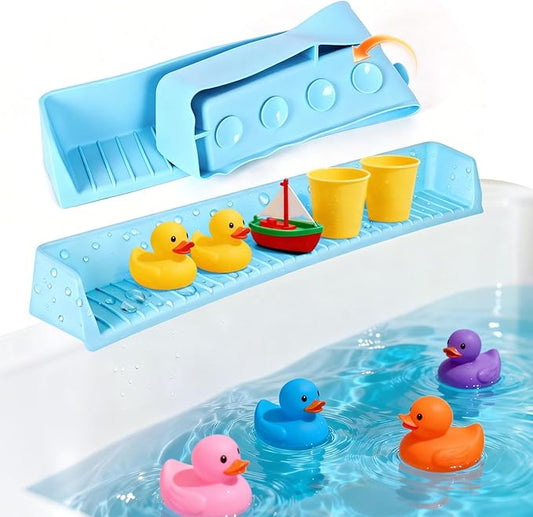 Splash Guard for Bathtub Kids, Longer Silicone Bathtub Splash Guard with 11 Suction Cups, Bath Tub Play Shelf for Kids & Toy Holder, Prevent Water Spill in Bathroom, Blue