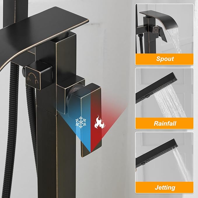 BESy Freestanding Tub Faucet Oil Rubbed Bronze Floor Mounted Tub Filler Faucet Brass Bathroom Tub Faucets with 2 Function Hand Shower