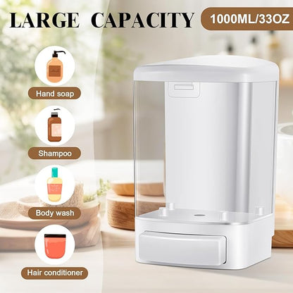 Hushee 4 Pcs Plastic Wall Mounted Soap Dispenser Commercial Manual Soap Containers Wall Dispenser for Kitchen Shower Hotel Liquid Shampoo Gel Chamber(33.8 oz 1000 ml,White)