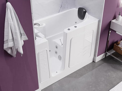 ANZZI Whirlpool Walk-In Bathtub 26" x 53" White Acrylic Left Drain 15 Jets Inline Heater Fast Drain ADA Compliant Slip-Resistant Base Quick Fill Faucet Ergonomic Pillow Chrome Trim | AMZ2653LWH-CP