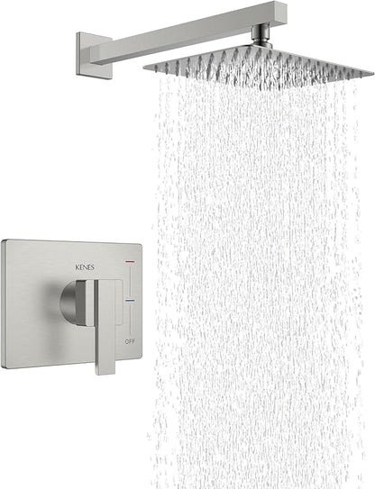 KENES Brushed Nickel 10-Inch Shower Head and Handle Set, Square Shower Faucet Set Bathroom Rainfall Shower System Wall Mount, KE-6024B (Shower Valve Included)