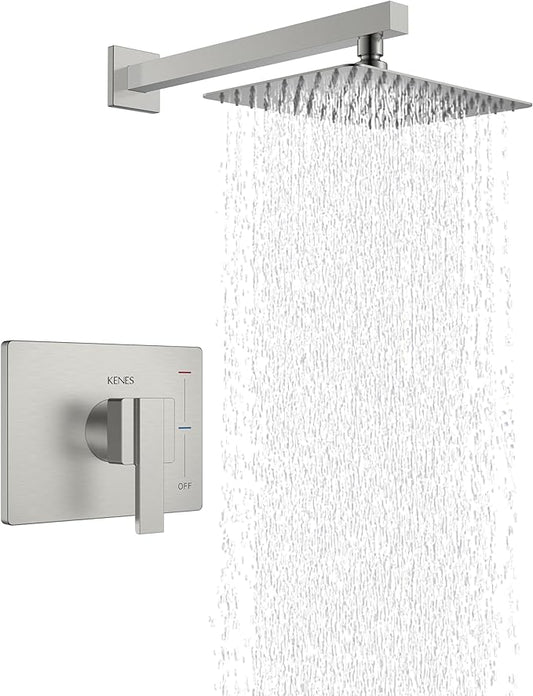 KENES Brushed Nickel 10-Inch Shower Head and Handle Set, Square Shower Faucet Set Bathroom Rainfall Shower System Wall Mount, KE-6024B (Shower Valve Included)