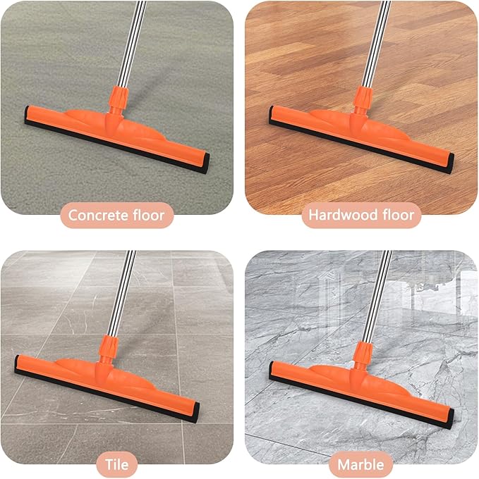 Multi-Purpose Floor Squeegee,Long-Handled EVA Scraper,Adjustable 68-inch Stainless Steel Rod, Ideal for Concrete, Tile, Garages, Terraces, Decks and Swimming Pools(Orange)