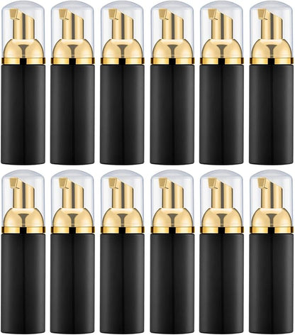 Lil Ray 2 Oz Empty Black Foam Pump Bottle, Foamer Soap Dispenser for Lash Shampoo, Hand Soap, Foaming Cleaner(Gold Pump, 12 PCS)