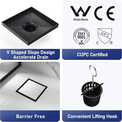 Square Shower Drain 8", Matte Black Floor Drain with Tiled Insert Grate & Hair Strainer, 304 Stainless Steel Bathroom 2-in-1 Tiled in Drain, CUPC Certified (Matte Black, 8'')