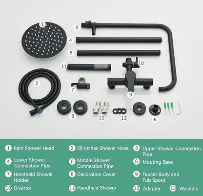 Shower System Matte Black Outdoor Shower Fixtures with 8" Rain Shower Head Handheld Sprayer Single Handle 304 Stainless Steel Wall Mounted Shower Shower Faucet Combo for Bathroom or Backyard