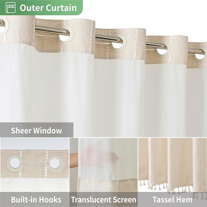 No Hook Long Shower Curtain Set with Snap-in Fabric Liner,Linen Textured Thick Striped Fabric with Tassels,Boho Farmhouse Rustic Luxury Bathroom Curtain,Water-Repellent,Cream/Beige,71x80