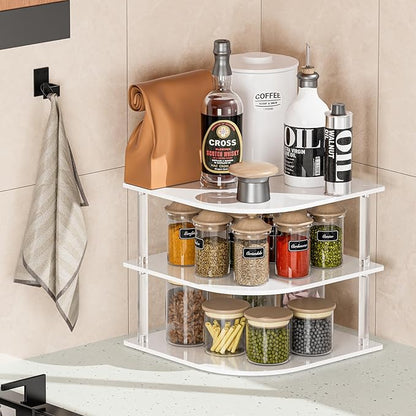 Plate Organizer for Cabinet Space Saver - Acrylic Corner Shelf for Dishes, Bowls, 3-Tier Kitchen Countertop Cabinet Organization, Dinner Plates Holder, and Small Shelf for Bathroom Storage - White